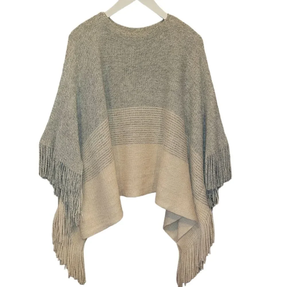 NWOT GENTLE Fawn Tristan Sweater Poncho Fringe Grey Gray Cream OS